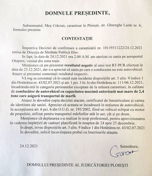 FOTO Dosar la Judecătoria Ploiești: Moș Crăciun contestă decizia de carantinare
