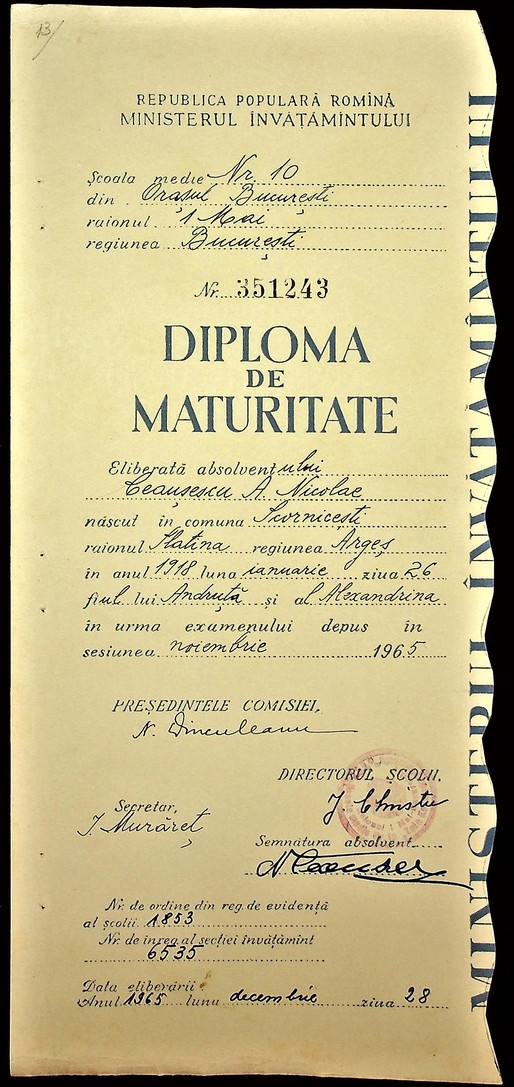 FOTO Arhivele Naționale au desecretizat diploma de Bacalaureat a lui Ceaușescu. Ce probe a avut și ce note a luat