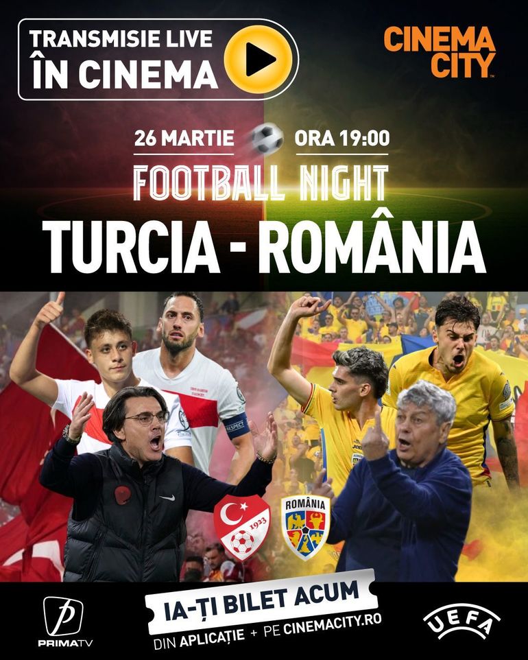 Săli Cinema City pline de suporteri urmărind Turcia România cinema pe ecran mare, oferind o experiență cinematografică intensă la vizionare meci fotbal | sursa foto: Profit