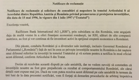 DOCUMENT Raiffeisen cere României să accepte negocieri 