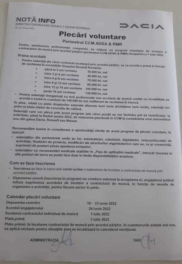 ULTIMA ORĂ DOCUMENT Dacia oferă prime salariaților care ....pleacă din uzină