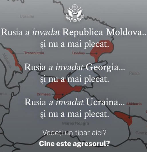 Ambasada SUA la București despre acțiunile militare ale lui Putin: Rusia a invadat Moldova și nu a mai plecat. Rusia a invadat Ucraina și nu a mai plecat. Vedeți un tipar aici? Cine este agresorul? Reacția ambasadei ruse