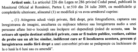 DOCUMENT Mișcare pregătită - Închisoare de până la 6 luni în cazul filmării persoanelor în toalete publice sau cabine de probă