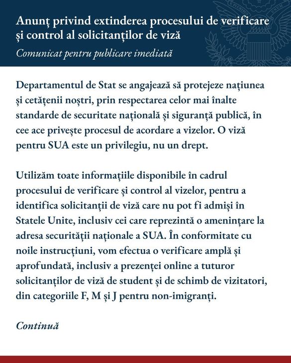 FOTO ANUNȚ SUA în România - Vrei viză? Lasă-ne să vedem ce postezi pe rețele sociale!