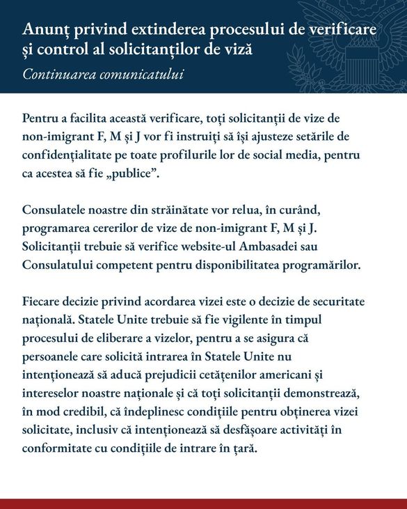 FOTO ANUNȚ SUA în România - Vrei viză? Lasă-ne să vedem ce postezi pe rețele sociale!