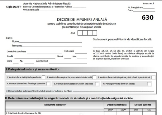 DOCUMENT Fiscul modifică Formularul 630. Decizia de impunere, inițial pentru CASS, va include și CAS
