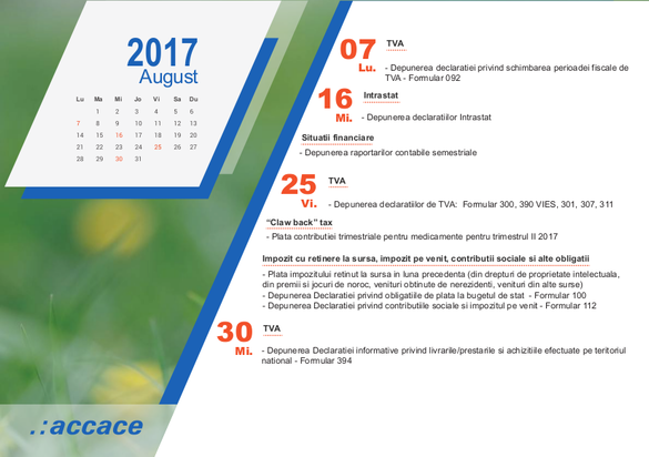 Calendarul fiscal al lunii august - firmele trebuie să tragă linie
