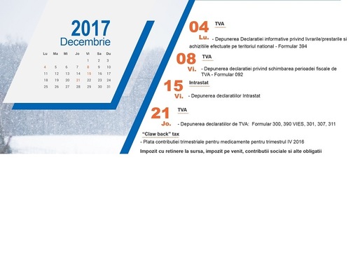 Calendarul fiscal al lunii decembrie - termenul de depunere a declarațiilor din data de 25 ale lunii va fi modificat