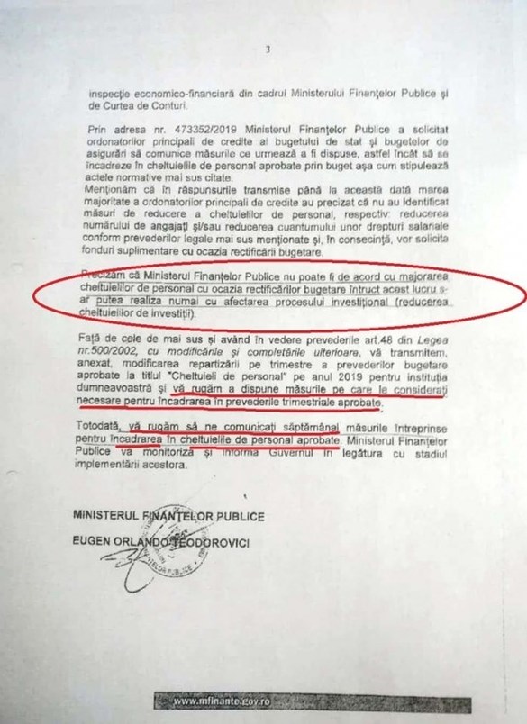 DOCUMENT Fost ministru acuză: Teodorovici a trimis în țară o notificare prin care cere „reducerea numărului de angajați și/sau reducerea cuantumului unor drepturi salariale