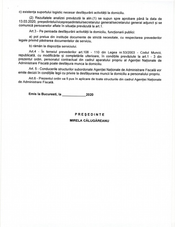 DOCUMENT O parte dintre angajații ANAF vor lucra de acasă începând de luni, din cauza coronavirusului