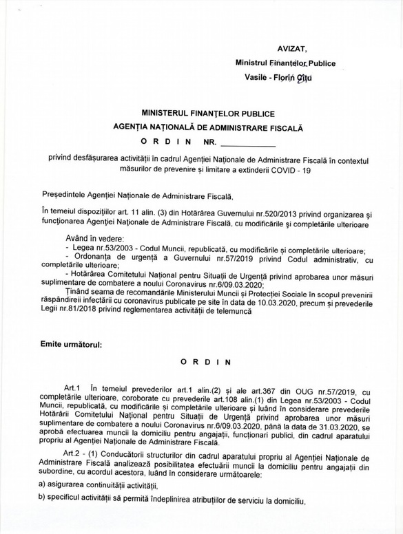 DOCUMENT O parte dintre angajații ANAF vor lucra de acasă începând de luni, din cauza coronavirusului