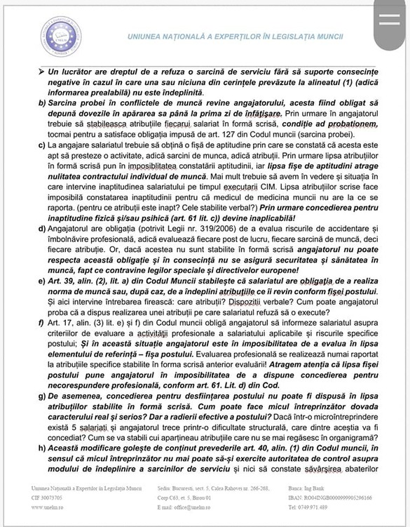 DOCUMENT Experții în legislația muncii critică dur propunerile Ministerului Muncii de a elimina fișa postului și regulamentul intern pentru IMM-uri cu mai puțin de 9 angajați. 