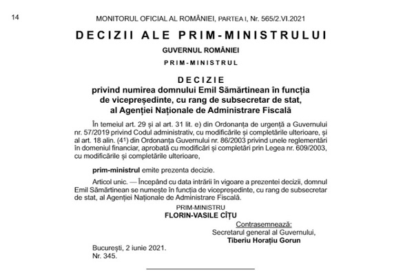 Vicepreședinte ANAF din partea USR - Cîțu a semnat numirea lui Emil Sămărtinean