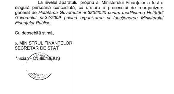 DOCUMENT Ministerul Finanțelor despre restructurarea derulată de Cîțu: La nivelul ministerului a fost concediată o singură persoană din circa 1.500 de angajați!