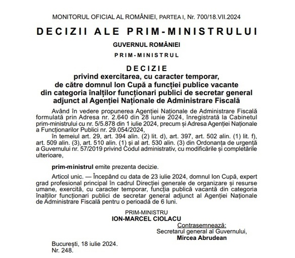 DOCUMENT Ion Cupă, fost șef al Vămii, a primit un mandat de încă șase luni pe postul de secretar general adjunct la ANAF