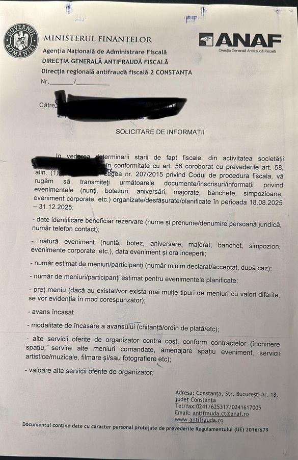 ANAF cere, la nivel național, date despre nunți, botezuri, evenimente corporate DOCUMENT