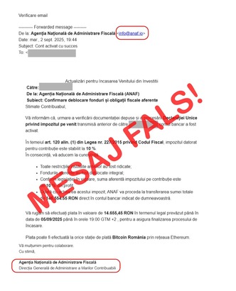 ANAF avertizează asupra unor noi mesaje false trimise aparent în numele instituției