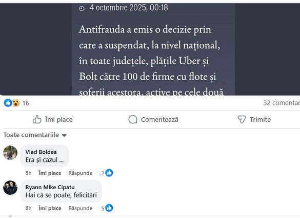 FOTO Plățile Uber și Bolt către 100 firme și șoferi, blocate. Reacția șoferilor după anunțul Profit.ro: 