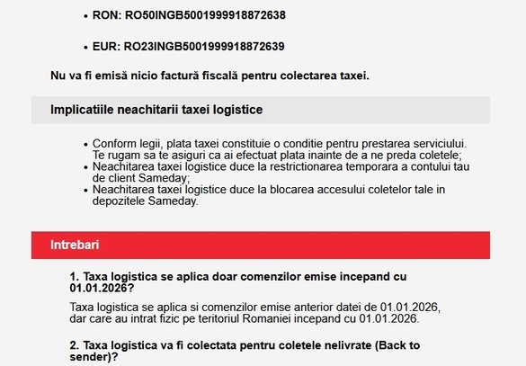 Sameday anunță clienții că va fi introdusă taxă de 25 de lei pentru anumite colete FOTO