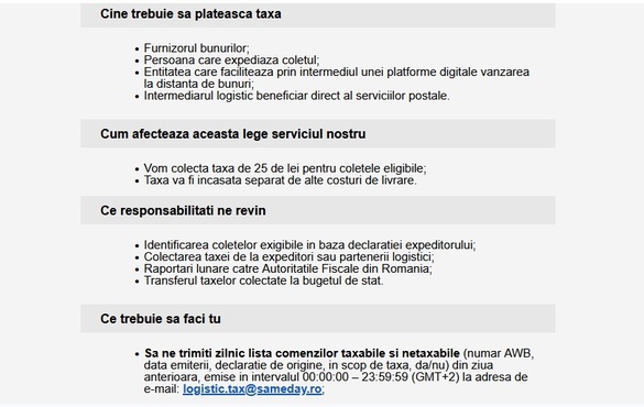 Sameday anunță clienții că va fi introdusă taxă de 25 de lei pentru anumite colete FOTO