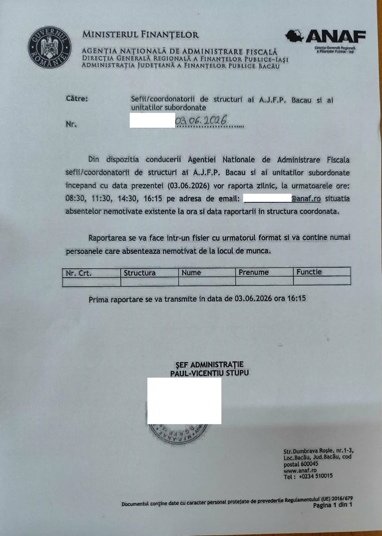 EXCLUSIV DOCUMENT Revoltă în ANAF - Conducerea ANAF a cerut în teritoriu să îi fie raportate la anumite ore absenții nemotivați de azi. Unii angajați nu s-au prezentat la muncă, în timp ce alții au venit, dar refuză să lucreze
