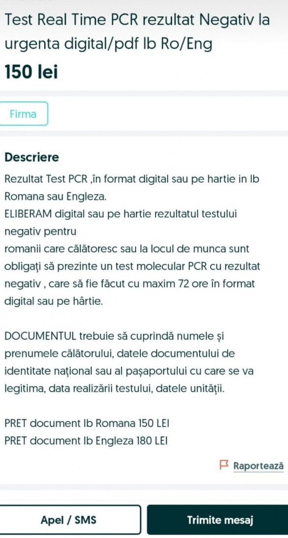Rapoarte false de analiză pentru teste negative de COVID-19, vândute pe internet cu 150 de lei. Bărbatul a fost depistat și dus la audieri 2 FOTO Teste negative PCR false, la vânzare pe internet. În limba engleză costau 180 de lei. Vânzătorul - ridicat de polițiști