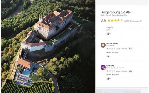 FOTO Pagina de Google a Castelului din Riegersburg, sub asaltul a sute de români indignați. ”Arthur, Romania” și recenzii de 1 stea pentru afacerea prințului care a împușcat ursul din Covasna