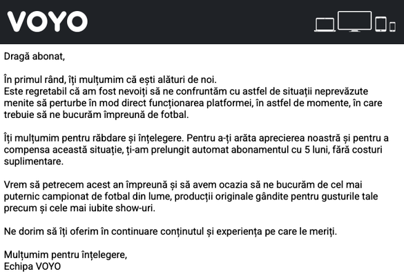 FOTO Unii abonații Voyo - recompensați cu prelungirea gratuită cu 5 luni a abonamentului în urma problemelor de la transmisia Drita-FCSB