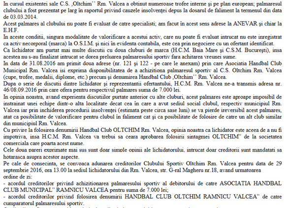 DOCUMENT Legenda handbalului feminin românesc CS Oltchim Râmnicu Vâlcea, în faliment de aproape 4 ani, își vinde trofeele din vitrină pentru a-și plăti creditorii