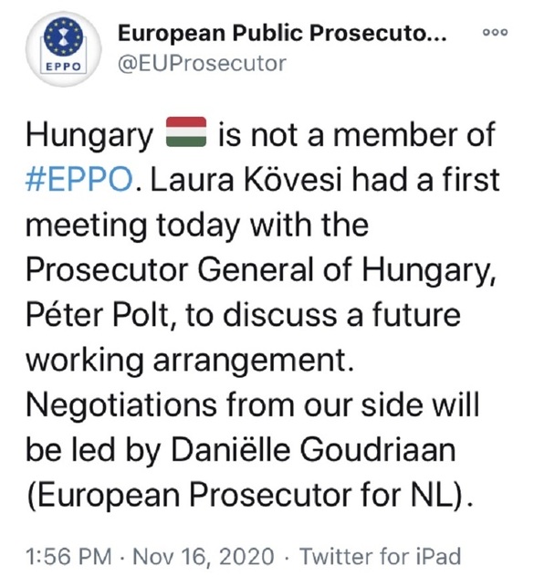 Kovesi s-a întâlnit cu procurorul general al lui Viktor Orban în ziua în care Budapesta a blocat bugetul UE. Se negociază colaborarea Ungariei cu Parchetul European