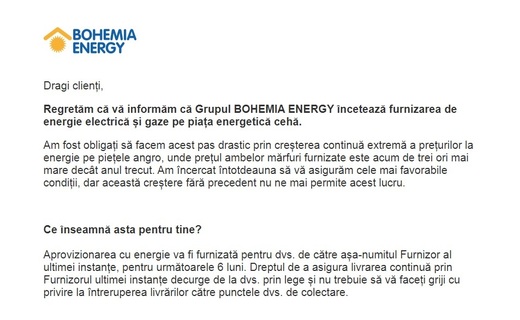 Șoc în Cehia - Bohemia Energy, cel mai mare grup furnizor de energie alternativă, cu aproape 1 milion de clienți, se oprește din cauza creșterii prețurilor