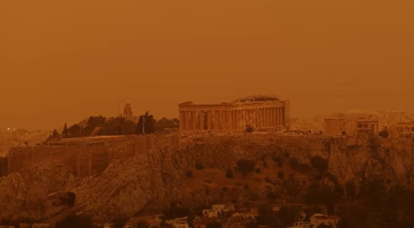 VIDEO Grecia, înghițită de o ceață portocalie, provocată de furtuna de praf din Sahara. Este unul dintre cele mai grave episoade de acest gen care au lovit țara din 2018