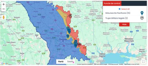 Roșu: Transnistria; Galben: zona de securitate; Albastru: restul teritoriului Republicii Moldova, controlat de autoritățile constituționale de la Chișinău. Sursă: https://zonadesecuritate.md/