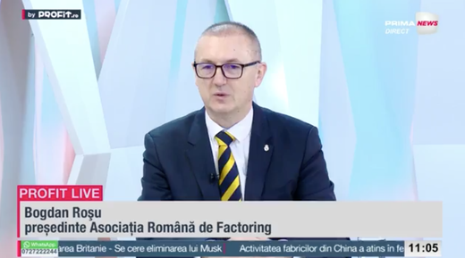 VIDEO Profit.ro TV - Bogdan Roșu, Asociația Română de Factoring: În următorii 4-5 ani este un potențial foarte mare de proiecte care să se finanțeze prin factoring. Există însă o foarte mare reticență din partea multor companii să lucreze cu statul