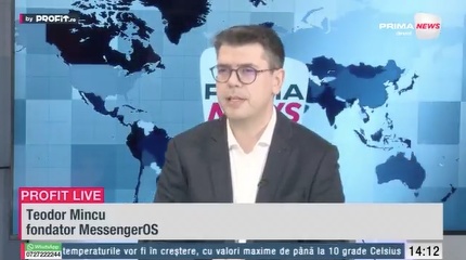 VIDEO Afacere gândită global. Teodor Mincu, fondator MessengerOS: Obiectivul este să avem creștere pe piața internațională, avem planuri și pentru finanțare, dar este un fel de Red Ocean. Investitorii vor creștere 10X în 1-2 ani - Profit.ro Live TV