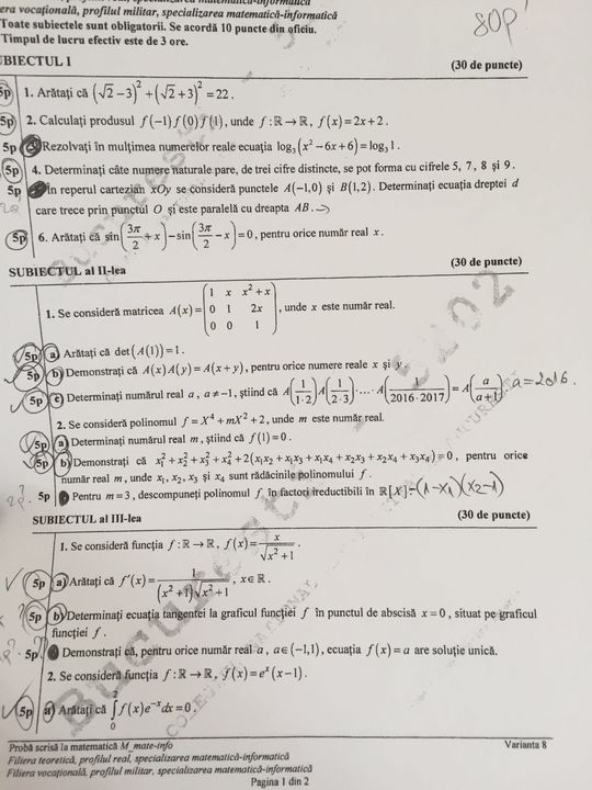 Subiecte Bacalaureat matematică - profil Matematică-Informatică