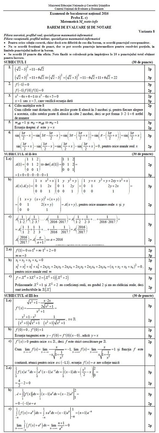 Barem Matematică - profil Matematică-informatică 