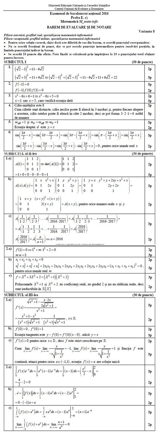 Barem Matematică - profil Matematică-informatică