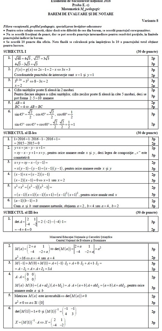 Barem Matematică - profil Pedagogic