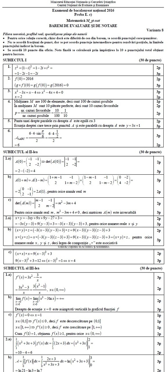 Barem Matematică - profil Ştiinţele Naturii