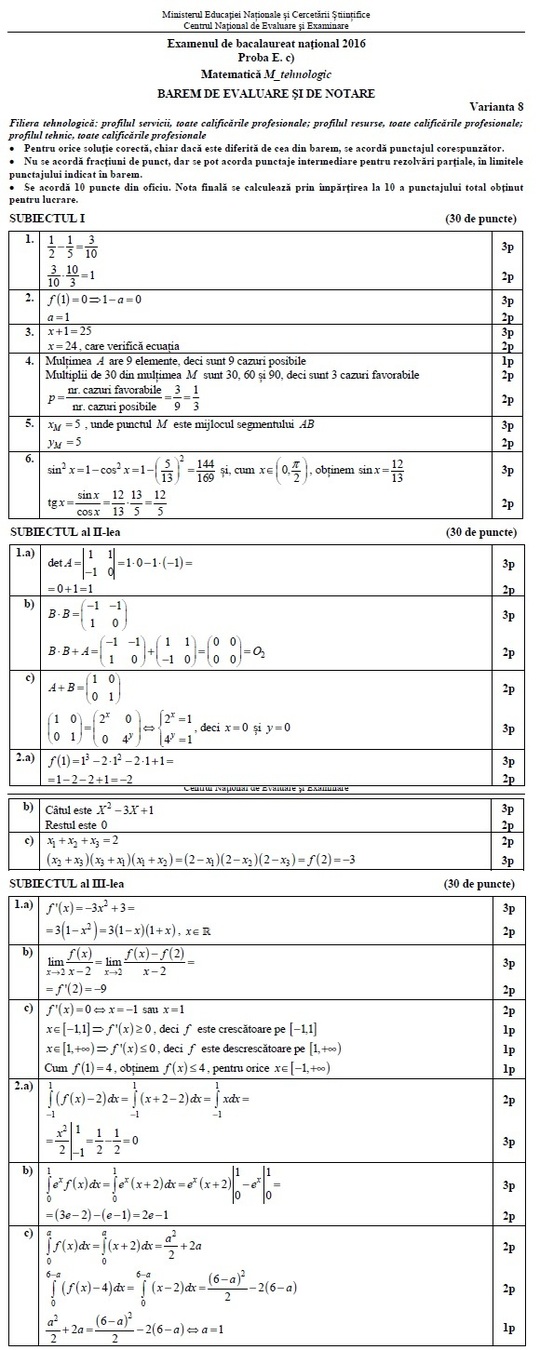 Barem Matematică - profil Tehnologic