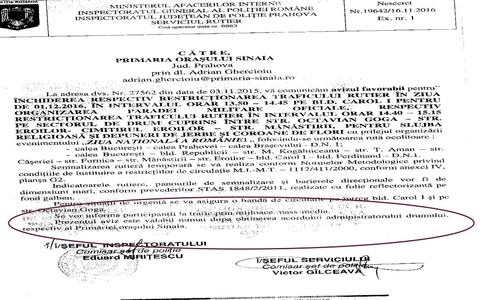 Poliţia avizează cererea Primăriei Sinaia de închidere a unui drum: ”Prezentul aviz e valabil cu acordul Primăriei Sinaia”. Angajaţii primăriei se întreabă: ”Ne auto-avizăm sau facem comisie?”