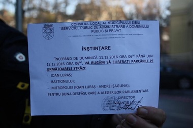 Sibiu: Mai multe parcări din preajma BEJ, închise timp de o zi ”pentru buna desfăşurare a alegerilor parlamentare” - FOTO