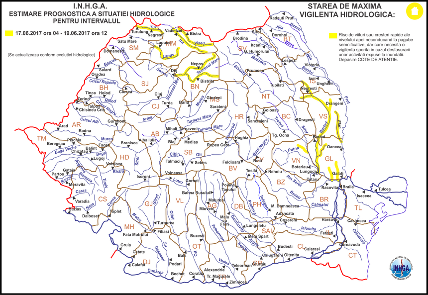 Cod galben de inundaţii în bazine hidrografice din nouă judeţe ale ţării, până luni la prânz