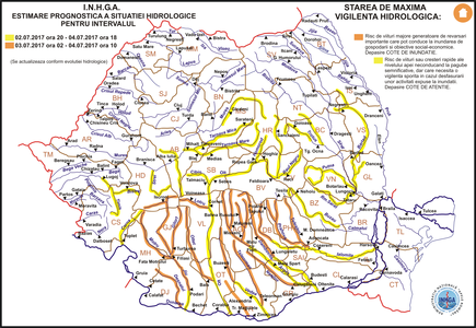 INHGA: Inundaţii locale, torenţi şi viituri în bazine hidrografice din cea mai mare parte a ţării, de duminică seară, până marţi