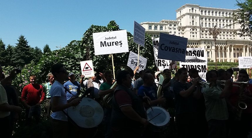 Sute de persoane din Braşov, Covasna, Harghita şi Mureş protestează la Ministerul Mediului, reclamând că vieţile le sunt în pericol din cauza urşilor. VIDEO