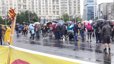 Manifestanţii din Piaţa Victoriei au ajuns la sediul PSD. Un participant a mers cu mâinile legate la spate ca protest faţă de neautorizarea mitingului