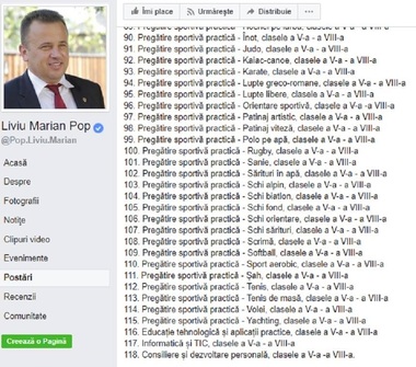 Liviu Pop prezintă lista programelor şcolare pentru care ar trebui să existe manuale: 40 de poziţii, dedicate manualelor de pregătire practică pentru diverse sporturi, inclusiv baseball, softball şi yachting