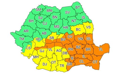 Avertizări cod portocaliu şi cod galben de ploi abundente şi vânt puternic pentru aproape toată ţara, sâmbătă şi duminică. La munte va ninge şi va fi viscol