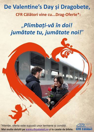 CFR Călători pune în vânzare bilete la jumătate de preţ, de Valentine’s Day şi de Dragobete, iar îndrăgostiţii pot face declaraţii de dragoste la megafonul din Gara de Nord 